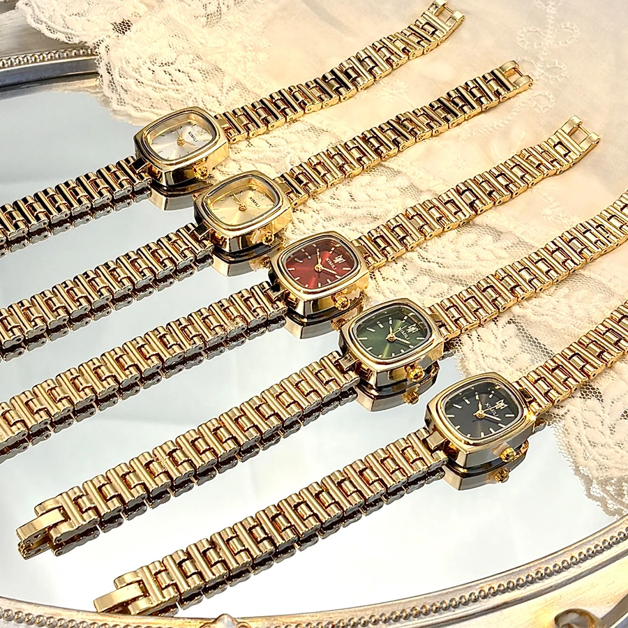 Square-Head Metal Band Exquisite Vintage Gold Watch for Women
