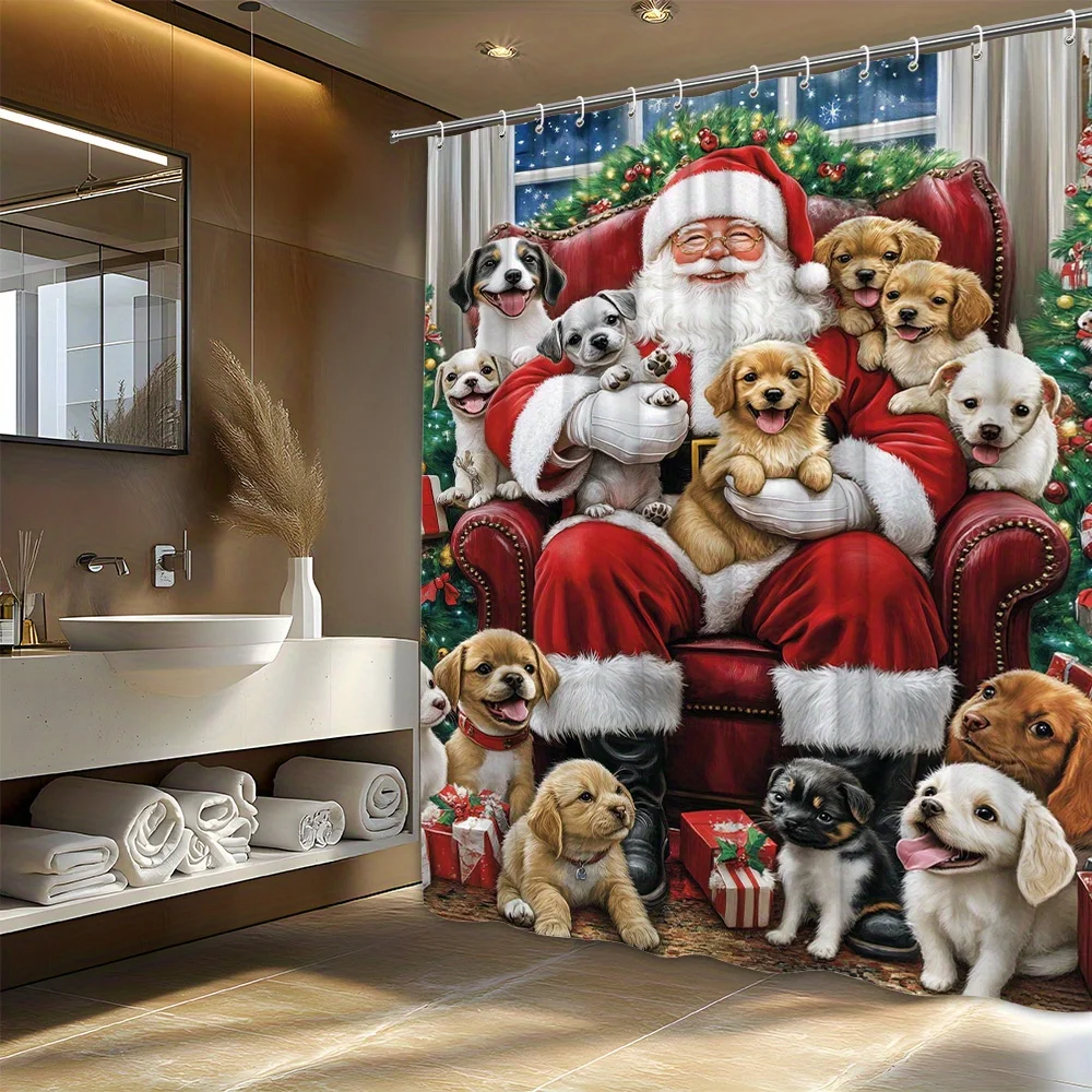 Festive Santa & Golden Retriever Puppy Shower Curtain, Polyester, Machine Washable, Winter Scene with Snowy Ground