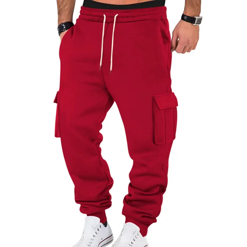 New Autumn Winter Fleece Lined Men's Sweatpants Multi-Pocket Drawstring Cargo Pants Outdoor Sports Joggers Cuffed Sweatpants