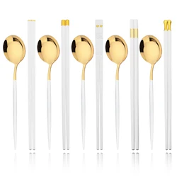 Korean 10Pcs Tableware Set High Quality Stainless Steel Dinner Set White Gold Luxury Dinnerware Spoon Chopsticks Cutlery Set