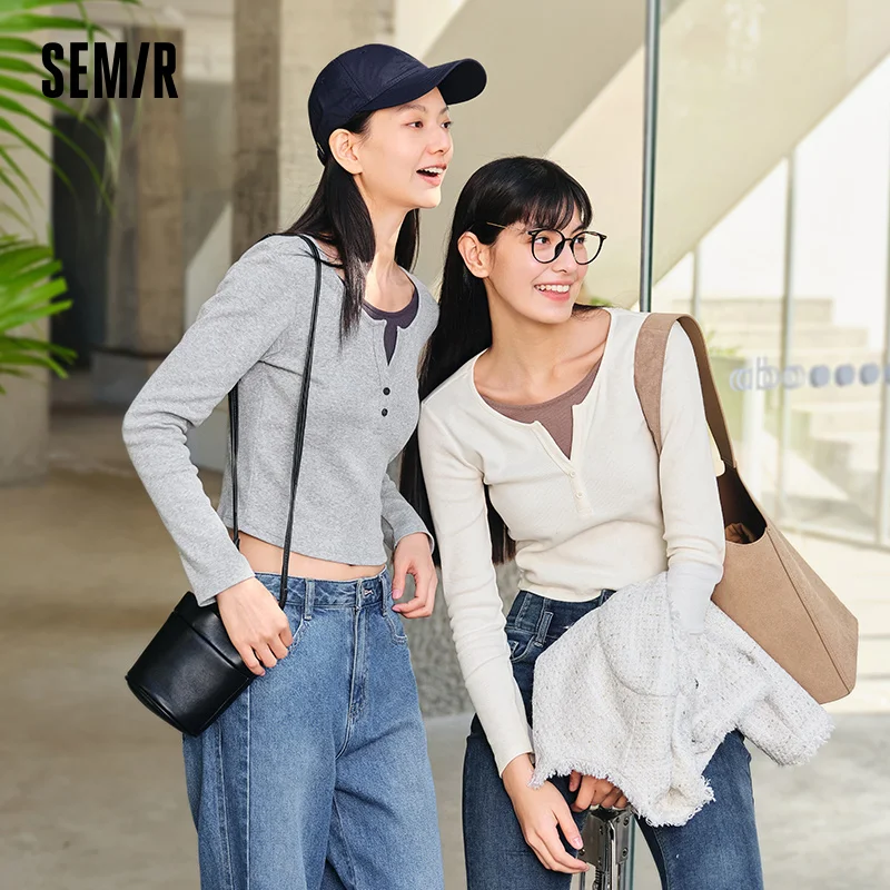 Semir Women Tshirt Cropped Mock Layer Colorblock Slim Fit Long Sleeve 2026 Shoulder Fit Knitted Urban Casual Everyday Top