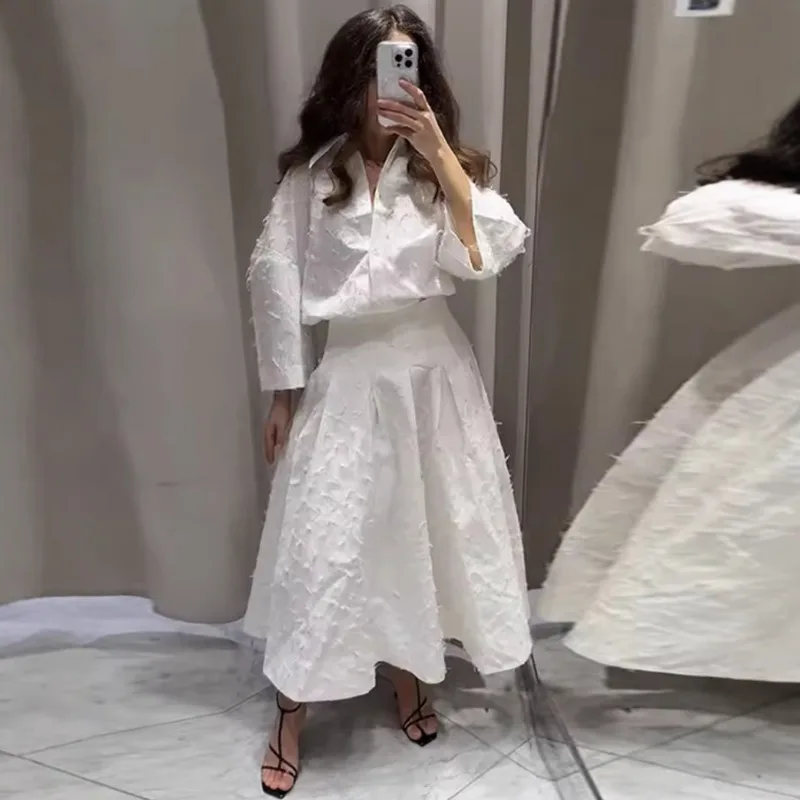

Women Elegant Tassel Feathers 2 Piece Set Lapel Long Sleeve Shirts Tops + High Waist Pleated Maxi Skirts Lady Streetwear Suits