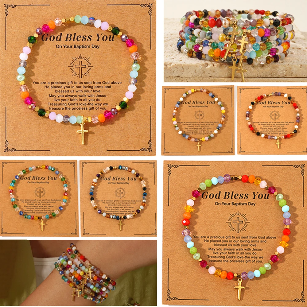 Multicolor Crystal Beaded Cross Bracelet Christian Baptism Gift with “God Bless You” Card Religious Fashion Jewelry for Women