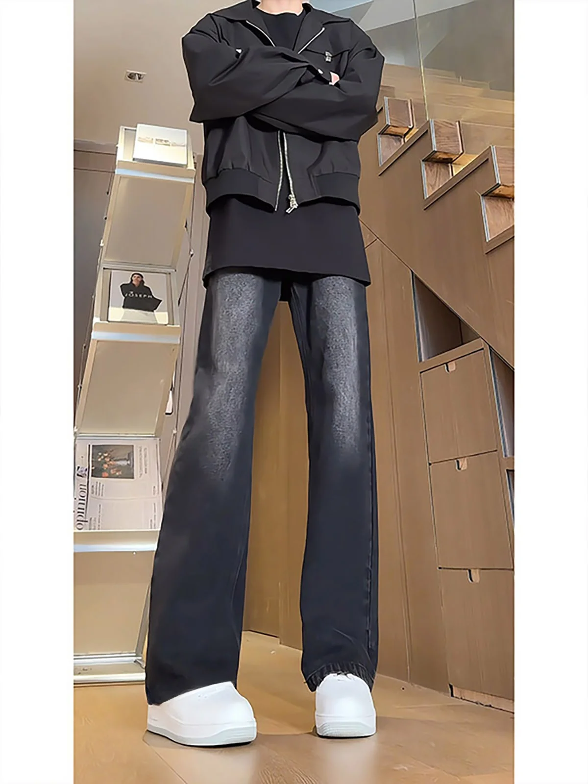 Retro Black Grey Faded Bell Bottom Jeans Straight Leg Slimming Long Leg Narrow Version Knife  Jeans Unisex Vibe Style