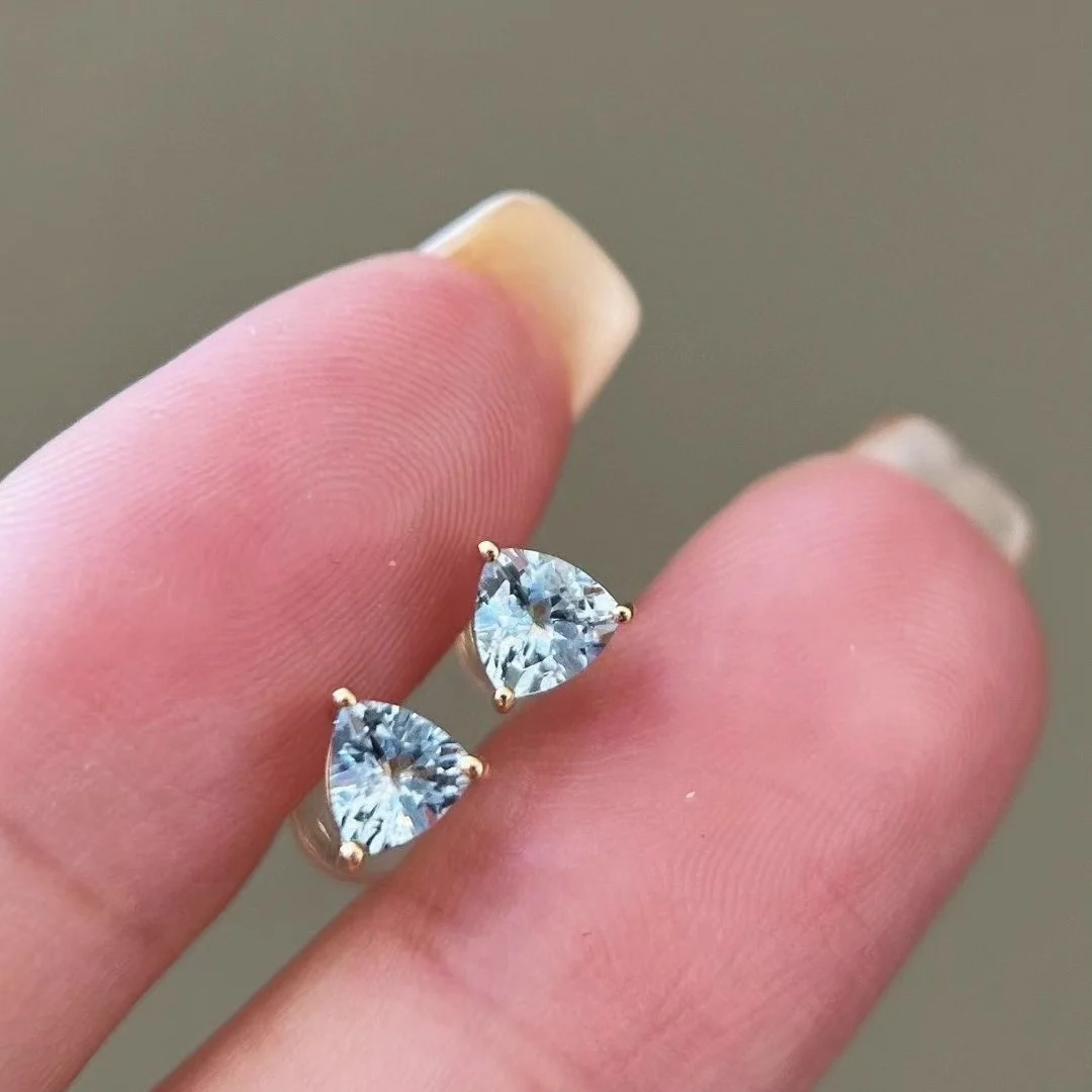 9K triangle aquamarine stud earrings INS minimalist wind deep triangle aquamarine main stone