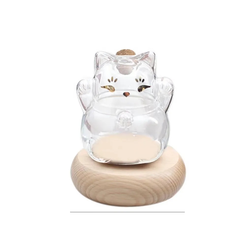 

Cute Cat Shape Saving Jar Lucky Cat Clear Glass Glass Coin Bank with Wooden Base Decorative Gold Bean Container Wishing Star