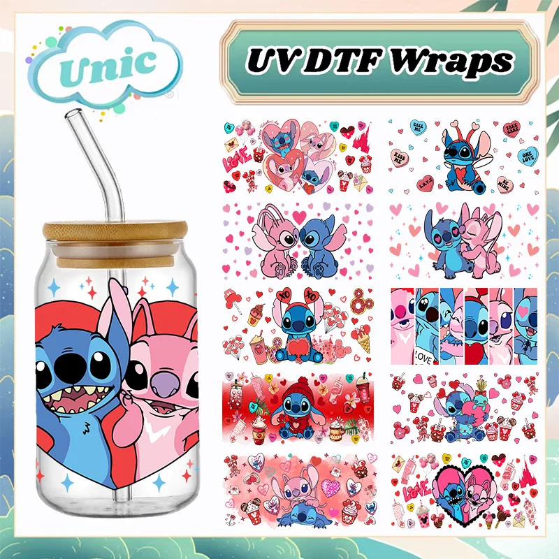 วันวาเลนไทน์การ์ตูนดิสนีย์ Stitch UV DTF Transfer สติกเกอร์กันน้ําโอนสําหรับ 16oz ถ้วยแก้วห่อสติกเกอร์