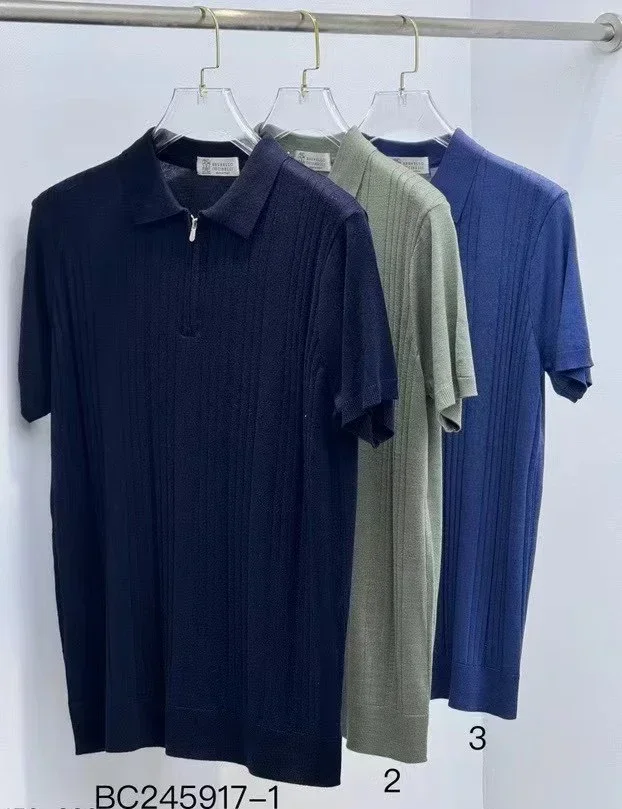 

BILLIONAIRE BLKA CPTG T-Shirt Silk men 2024 summer new thin Straight stripe zipper knitting big size M-4XL Short sleeve Shirt