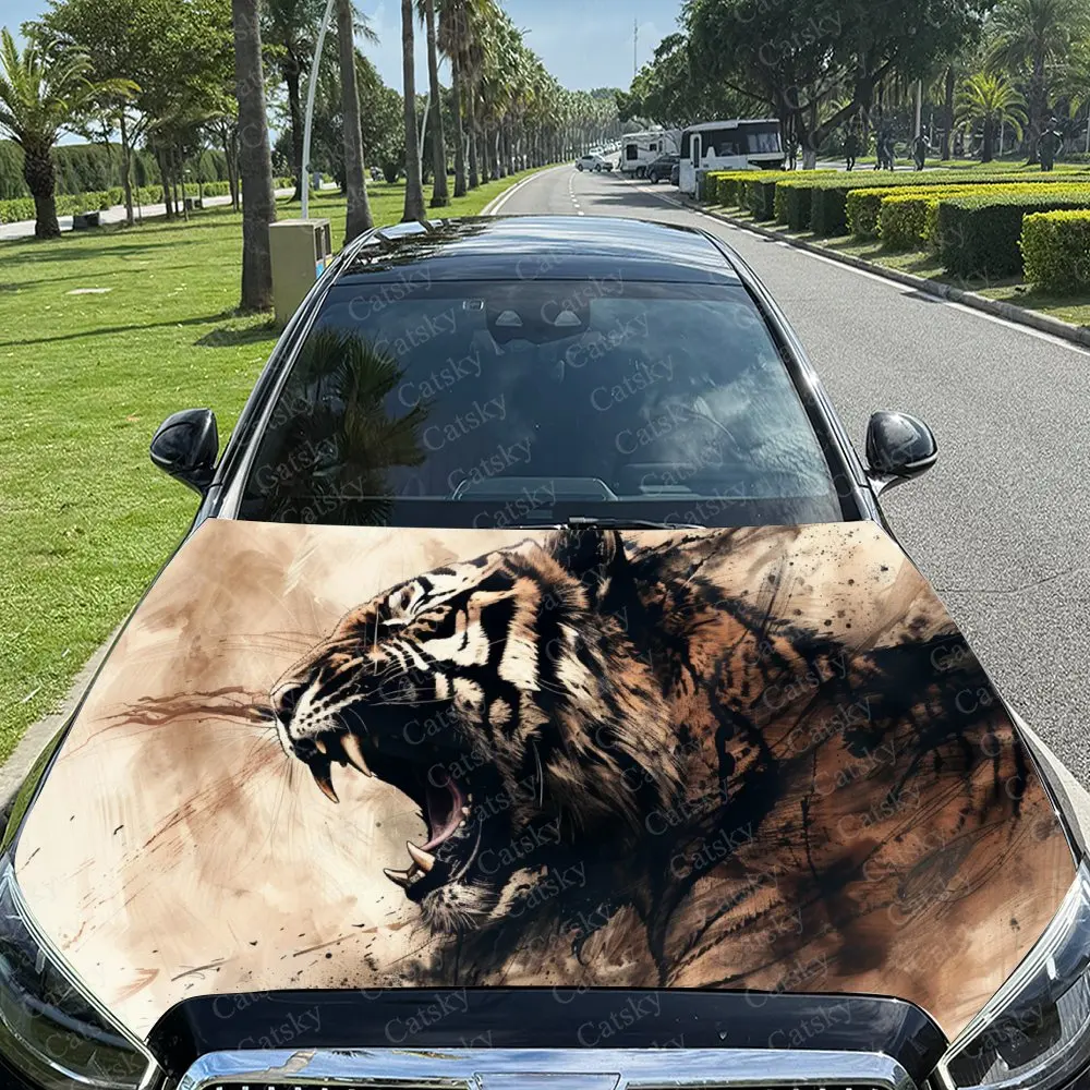 Ferocious Tiger in Dynamic Scene Car Hood Stickers - Self-Adhesive, Waterproof and Durable Vinyl Wrap, Decorate And Protect Your