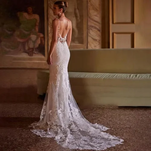 Imagen 2 del producto Enternity-Vestido De Novia con cuello en V, moderno, con tirantes finos, cola De corte, Apliques De encaje, personalizado