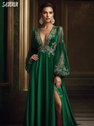 Green Sexy Deep V Neck Evening Dress A-line Birthday Party Eleagnt Prom Dress Appliques Customized Prom Gown Robe De Mariée