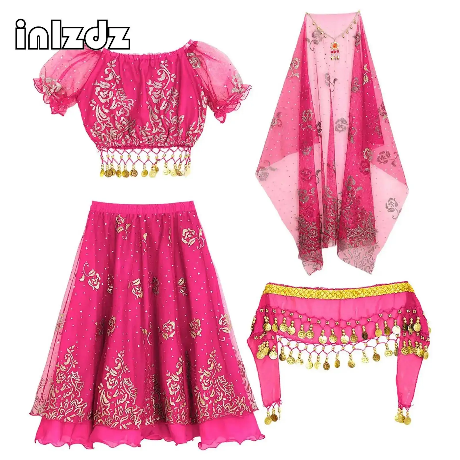

Kids Girls Belly Dance Halloween Costume Sets Short Puff Sleeve Floral Prints Crop Top with Skirt Waist Chain Headscarf Headwear
