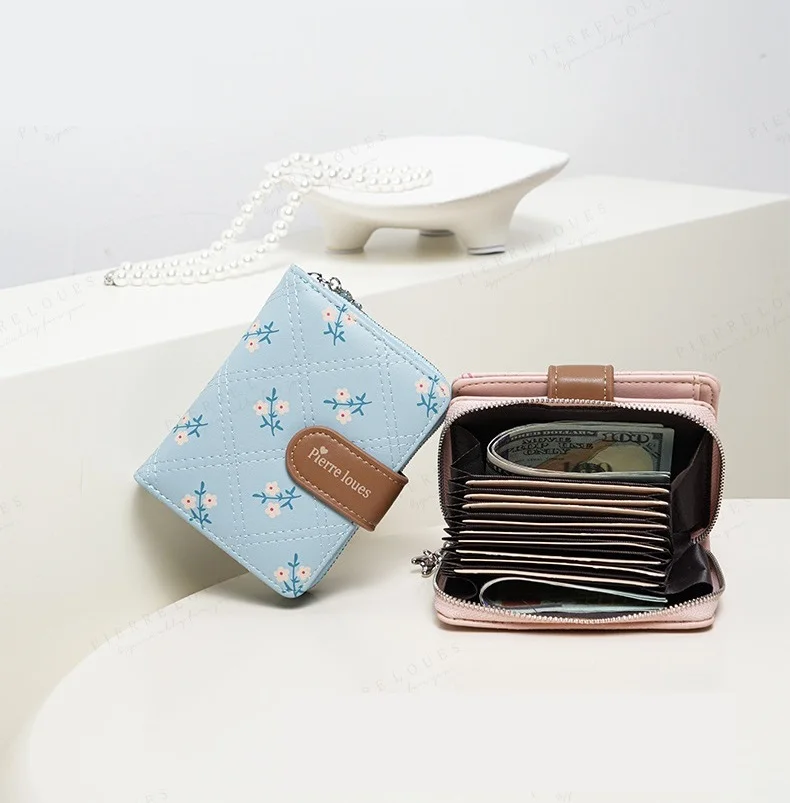 Floral Women Short Purses Leather Women Bifold Wallets Zipper Card Holders