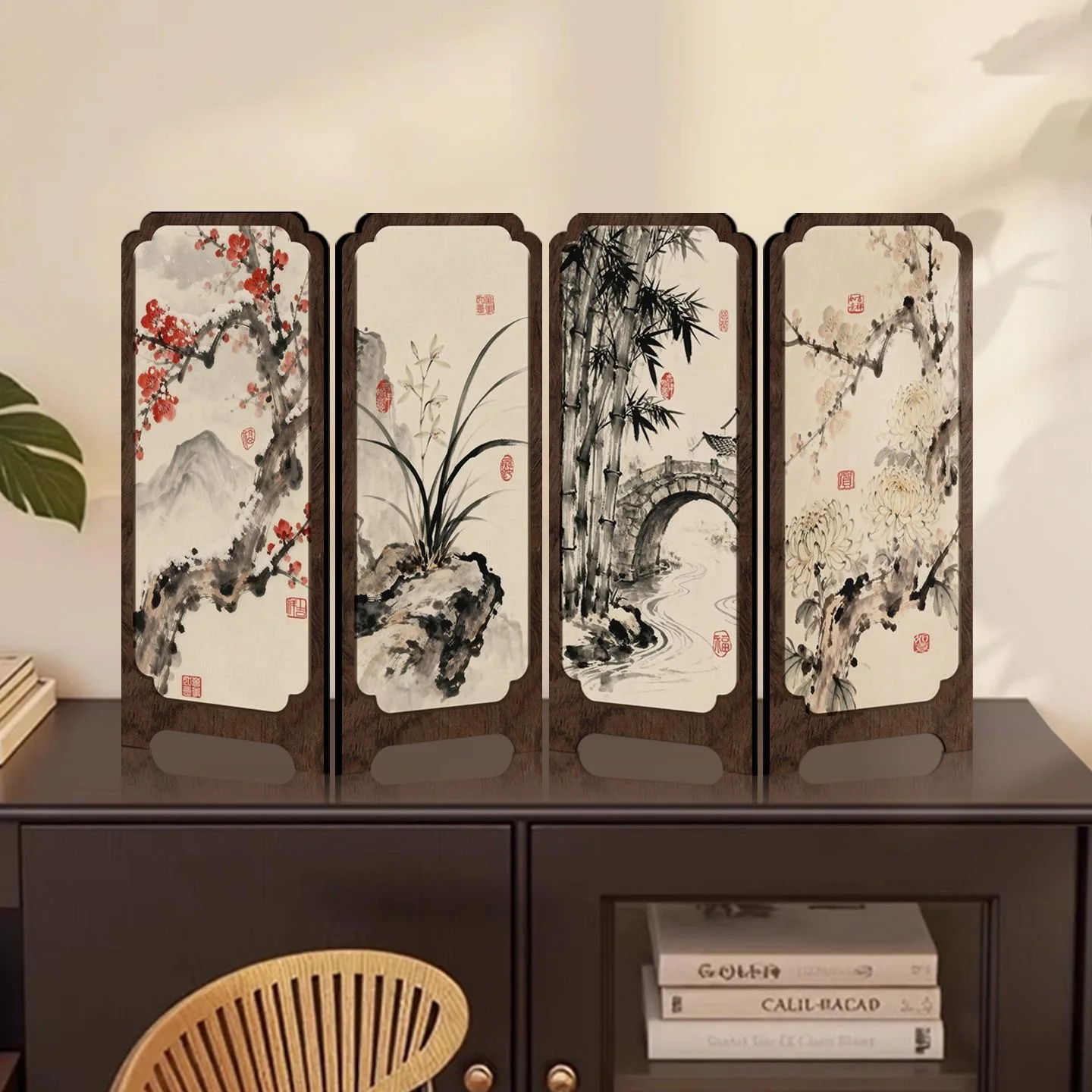 Classical Flowers and Birds 4-folding Screen. Entrance TV Cabinet Display Plum Orchid Bamboo Chrysanthemum Decor Painting