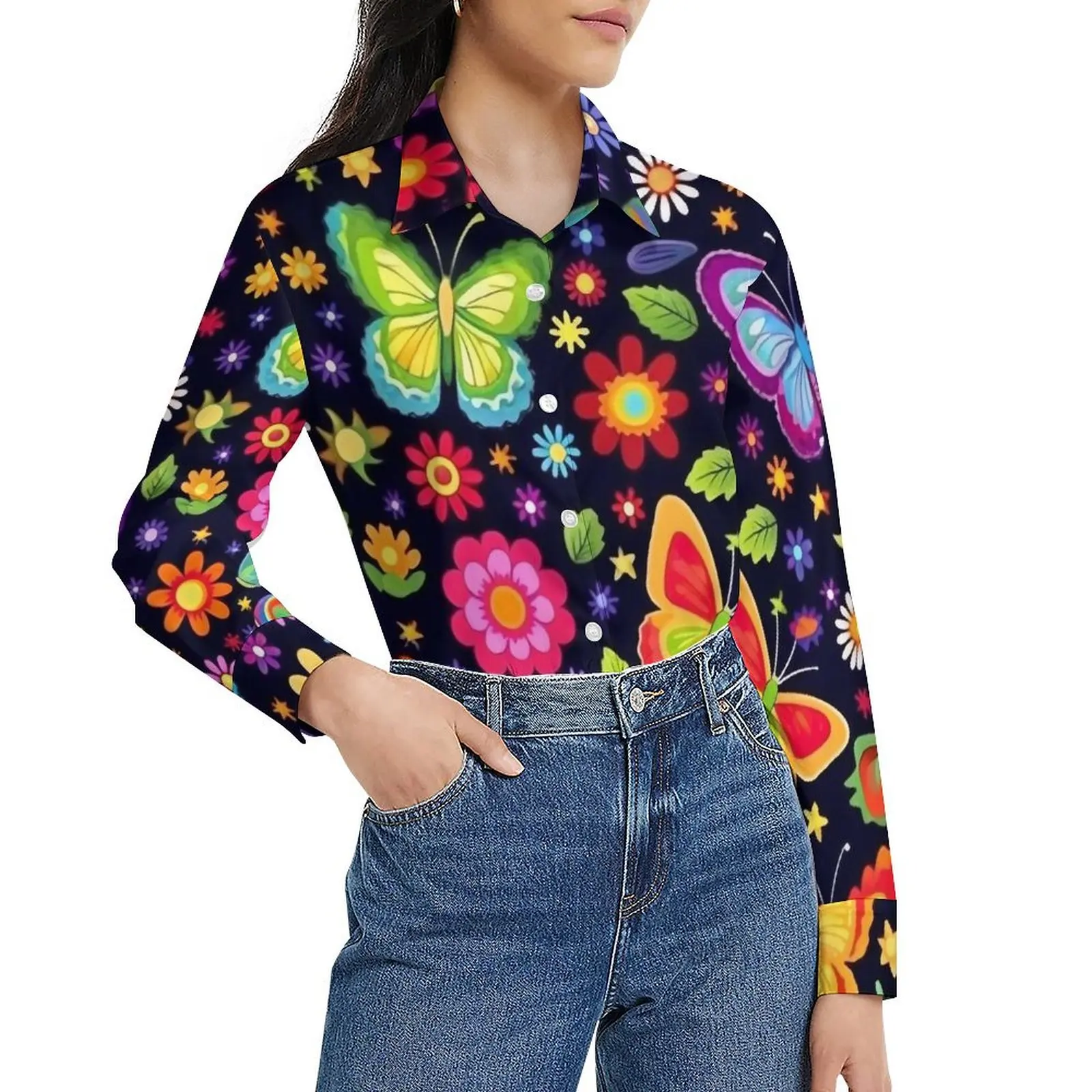 Blusa de mariposas coloridas, blusas bonitas con estampado Floral de manga larga, estilo callejero para mujer, diseño de camisa de gran tamaño, Idea de regalo superior