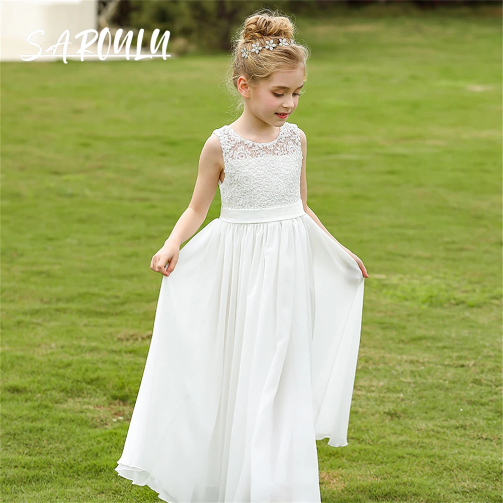 Lace O Neck Chiffon Flower Girl Dress, Manga Tanque, Uma Linha Crianças, Vestidos Formais, Maxi, Formatura, Criança