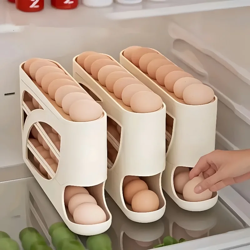 One automatic egg filling rack for the refrigerator. It slides down automatically. Saves effort and space. Large capacity