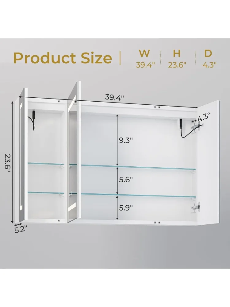 ミラーとLEDライト付き薬キャビネット、収納付き壁掛けバスルームミラー、2ドアバスルームウォールキャビネット、Mem