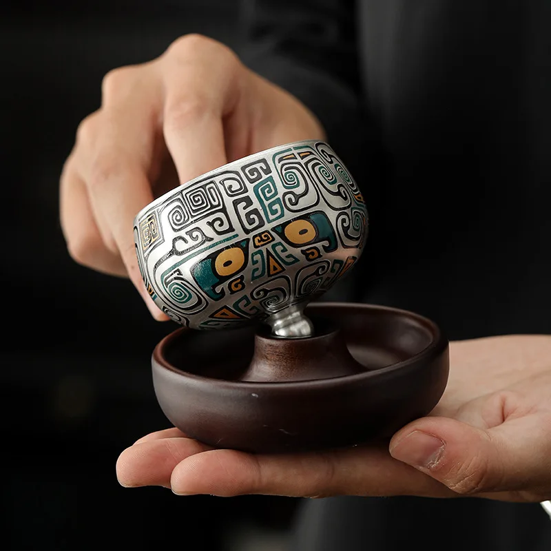 Silver Plated Ceramic Tea Cup Paired with Wooden Coasters Can Rotate 360 Degrees Gift Set Home Tea Set Accessories