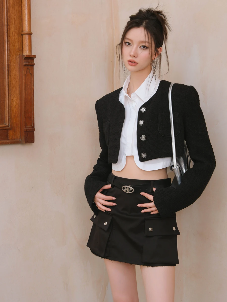 

LREEDOM Sweet Cool ort Quilted Jaet Women's Small Size Faionable Top Button up Polyester Long Sve round Ne