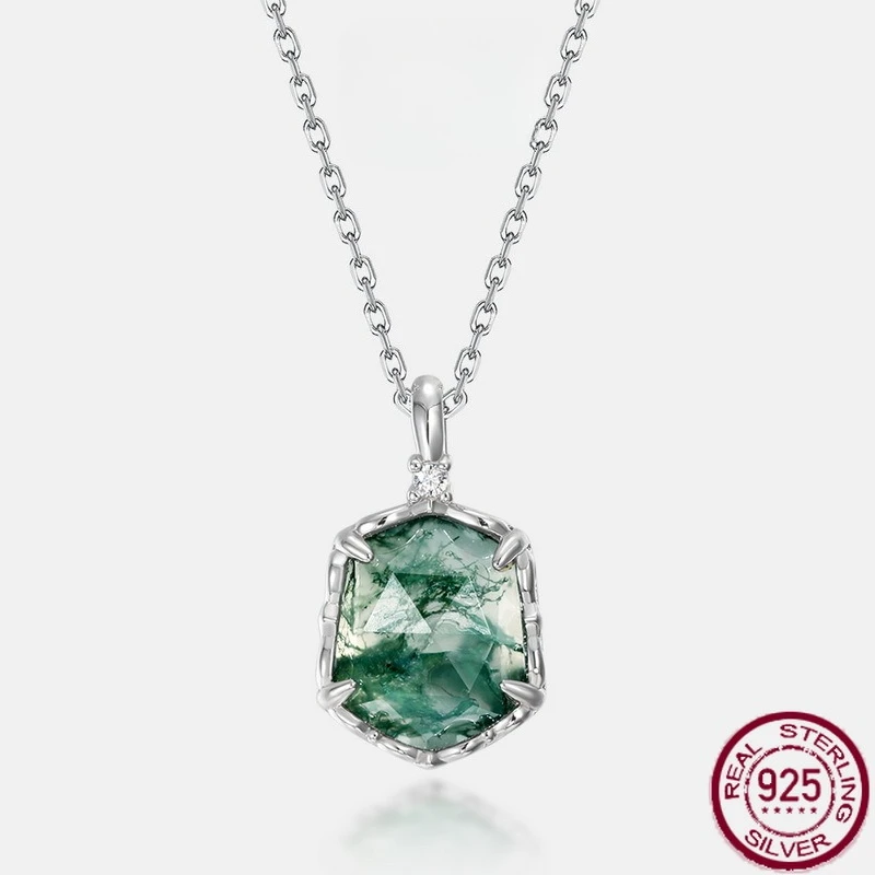 

Новый кулон из чистого серебра S925 с геометрическим рисунком из натуральной водной травы и агата с ожерельем из зеленого мха, свадебные украшения