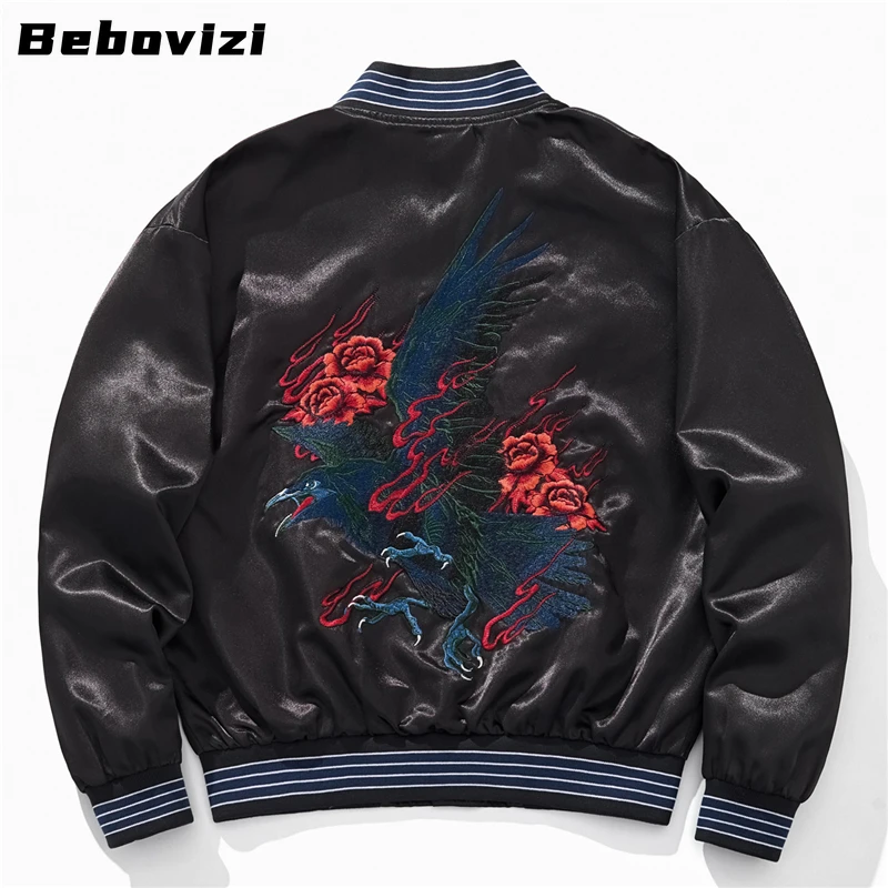 

Мужская бейсбольная куртка 2025 года с вышивкой ворон и цветов, черное пальто в японском стиле, уличная одежда, винтажная осенняя верхняя одежда