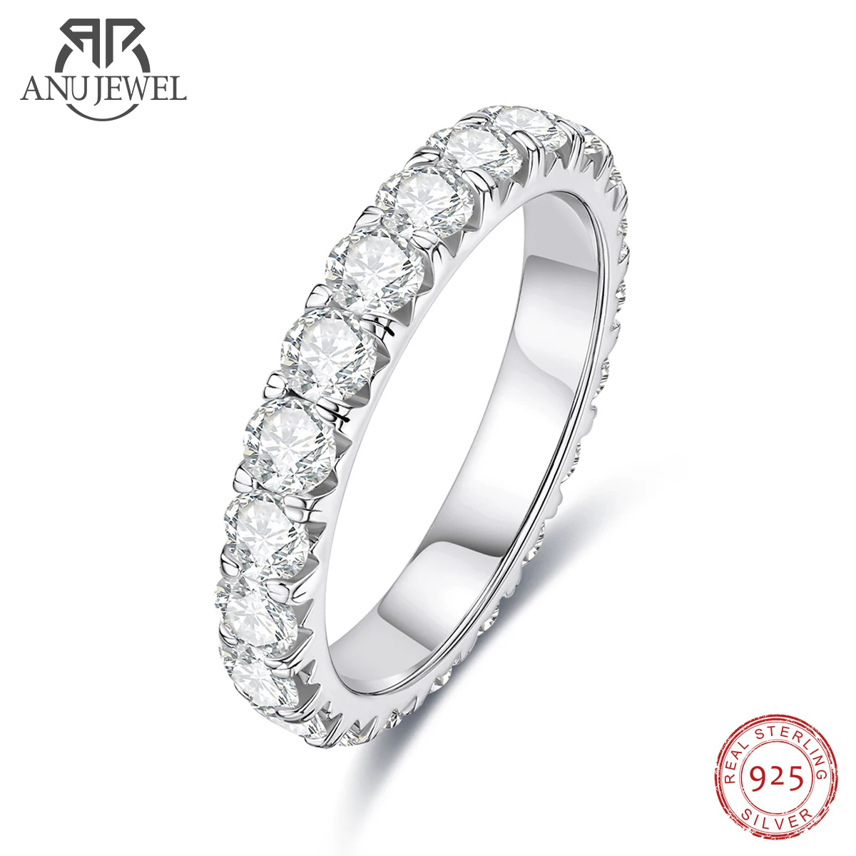 AnuJewel 3mm 2-3ct D kolor Moissanite obrączka pierścionek 925 Sterling Silver Eternity Band pierścionki zaręczynowe dla kobiet
