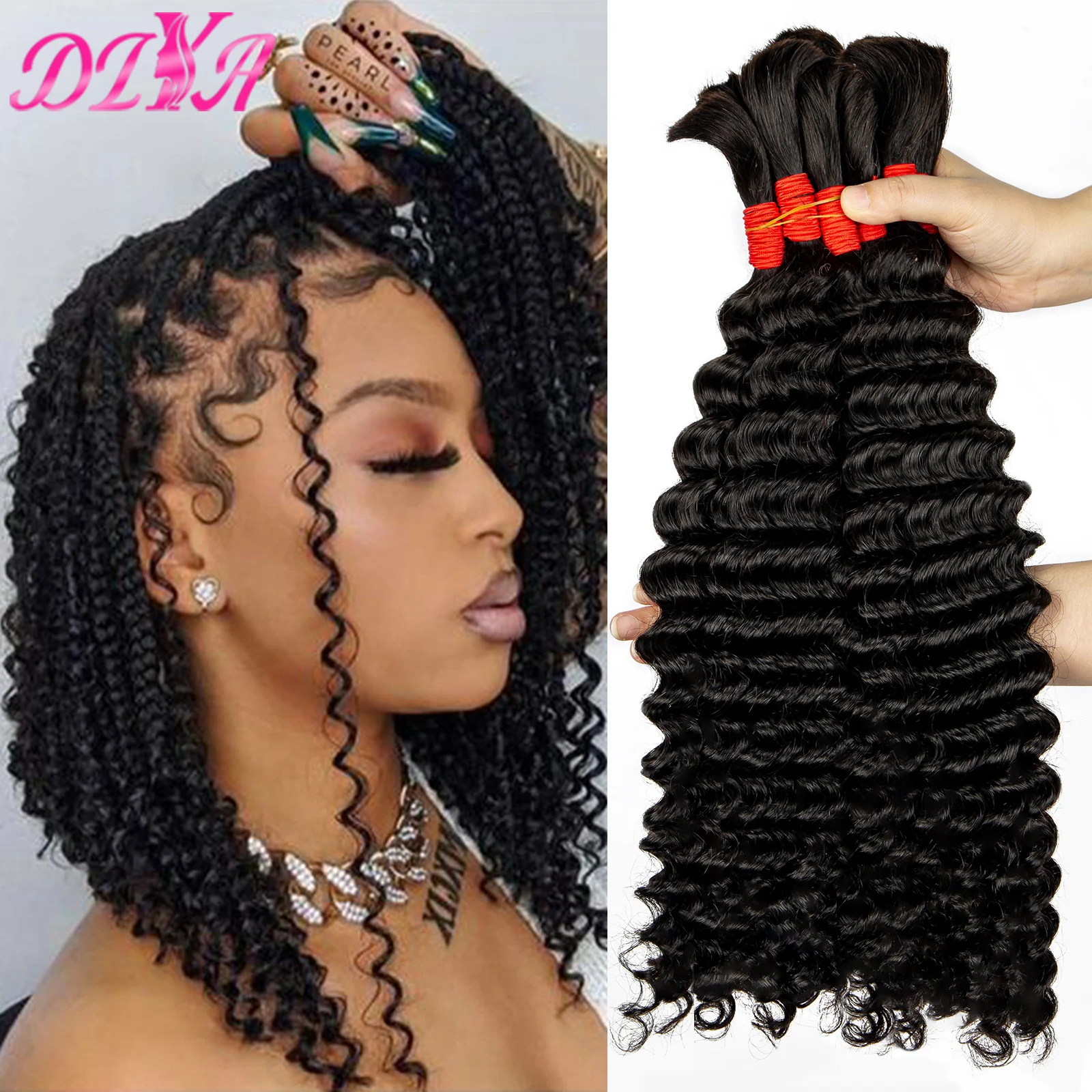 100% Human Hair Natural Black Deep Wave Bulk for Black Women No Weft Brazilian Virgin Hair Bundle for Boho Braids Extensions