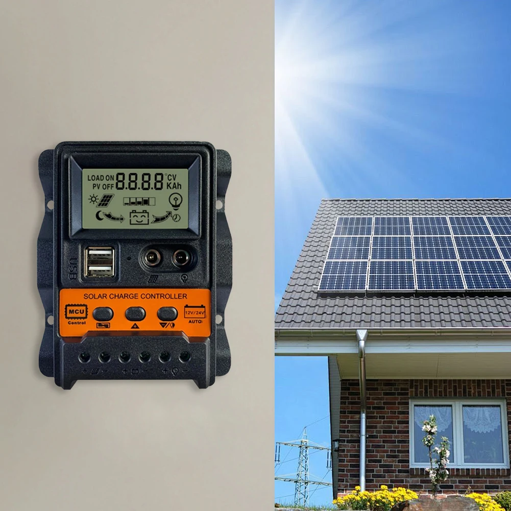 10A/20A/30A Solar Charge Controller LCD Display Solar Charge Regulator Dual USB 5V 2.5A Output for Solar Panel Lead Acid Battery