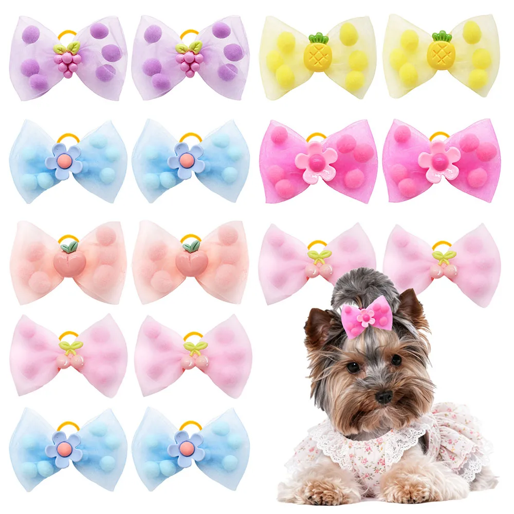 

100PCS Cute Dog Bows For Hair Mixed Colors Puppy Bows With Rubber Bands Fruits Decorate Bulk Pet Hair Accessories For Dogs