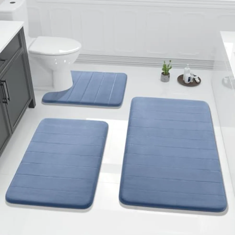 

3 Pieces Memory Foam Bath Mat Set with U-Shaped Toilet Rug - Non Slip Super Soft Absorbent Quick Dry Bathroom Rugs for Bathtub