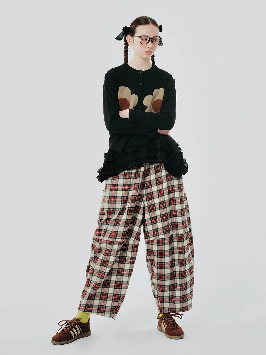 IMAKOKONI original design brown plaid loose casual fashion wide leg pants nine-quarter pants 244549