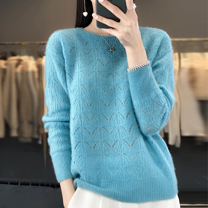 New women's round neck 100% pure wool autumn and winter new pullover openwork sweater leisure knitting cashmere sweater