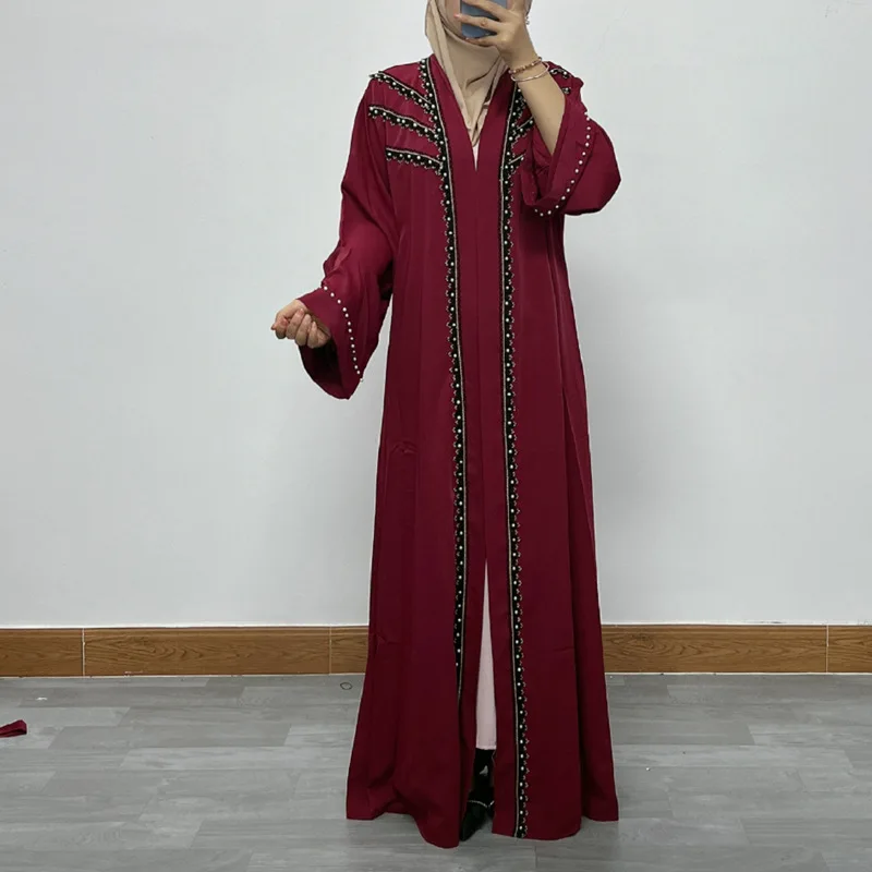 

Women's Maxi Dress Dubai Embroidery Lace Stud Pearl Cardigan Robe Muslim Fashion Abaya for Women