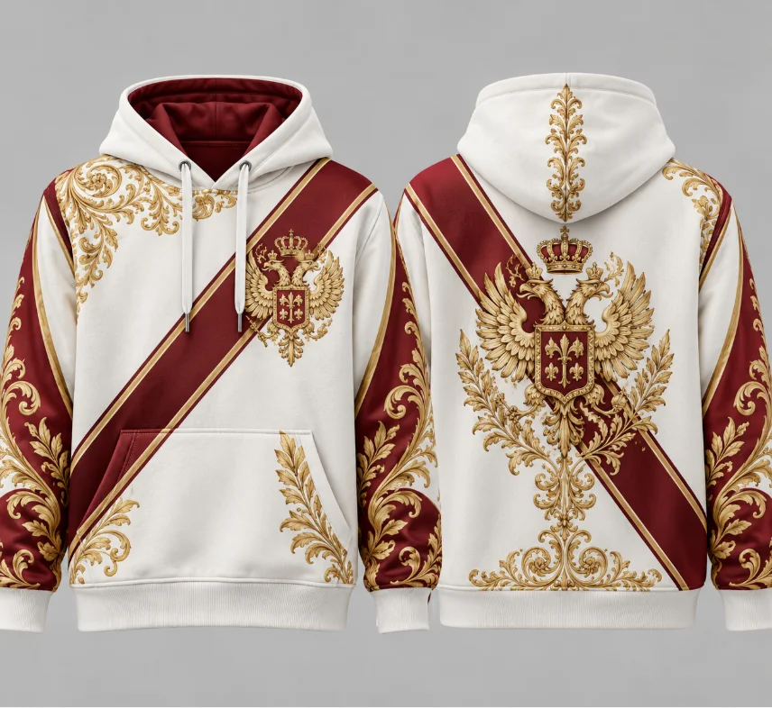 Unisex Royal Vintage Pattern Hoodie, Golden Embossed Style Full Print Pullover, Medieval Noble Streetwear Hooded Sweatshirt