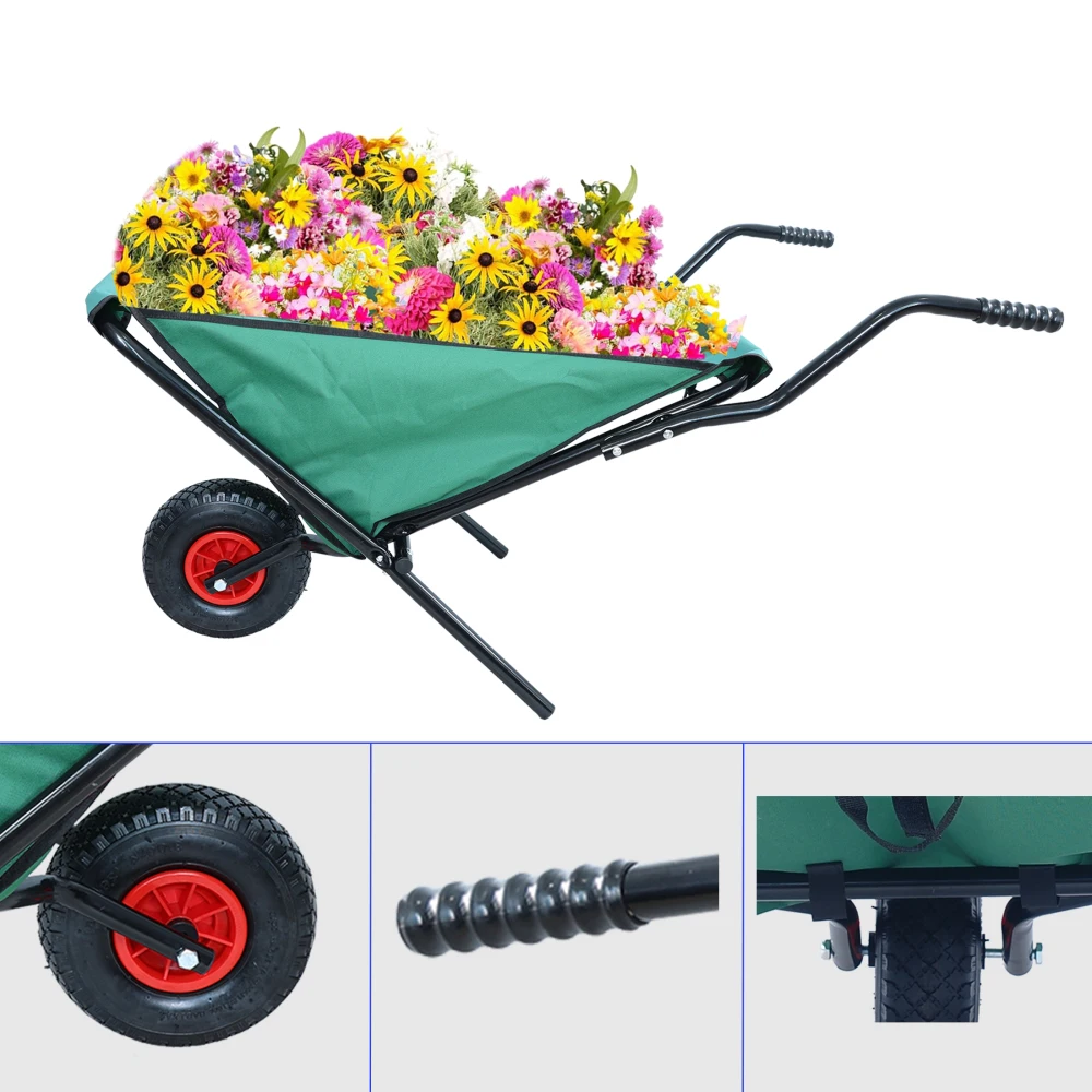 Collapsible Wheelbarrow 176 lbs Folding Yard Garden Wheelbarrow Foldable Lightweight Gardening Heavy Duty Oxford Cloth Green