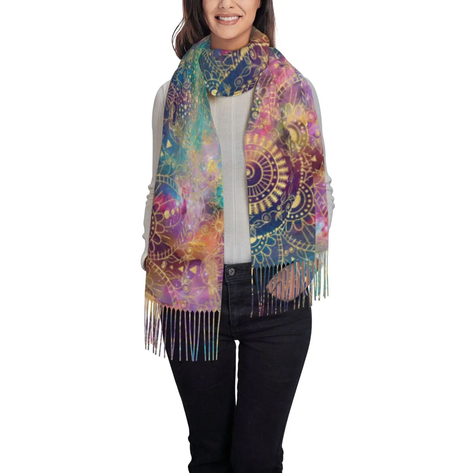 Women Bohemian Galaxy Mandala Pattern Scarf, Soft Warm Tassel Shawl, Ethnic Style Outer Wrap for Holiday