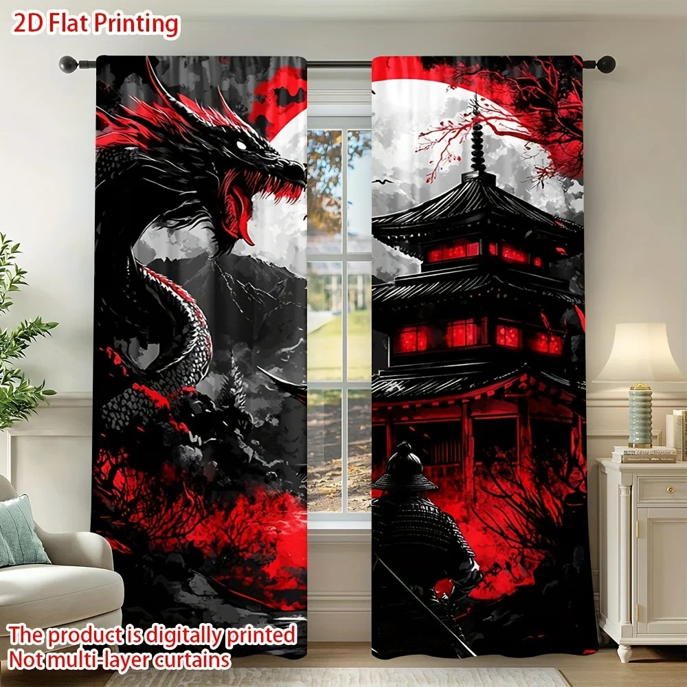 Luxurious Black Dragon Pagoda Oriental Printed Curtains Dramatic Asian Style Temple Window Drapes Modern Living Room Home Decor