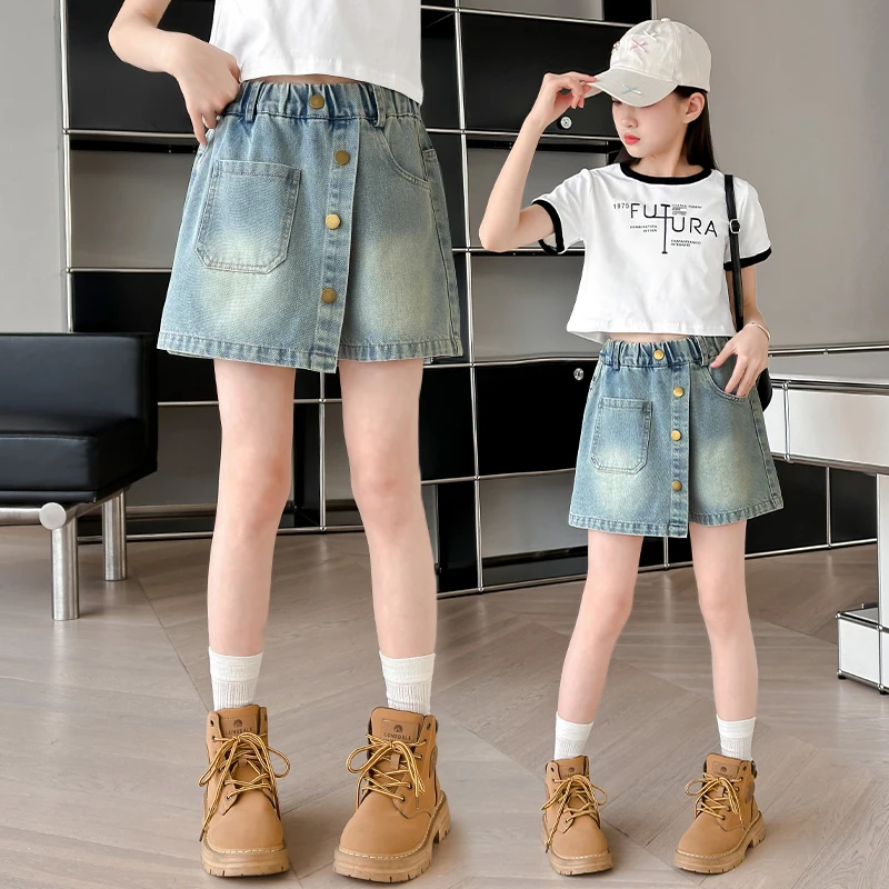 

Girls Summer Thin Denim Skirt Pants T-irt Set Korean Sle ort Pants for Junior High School Students