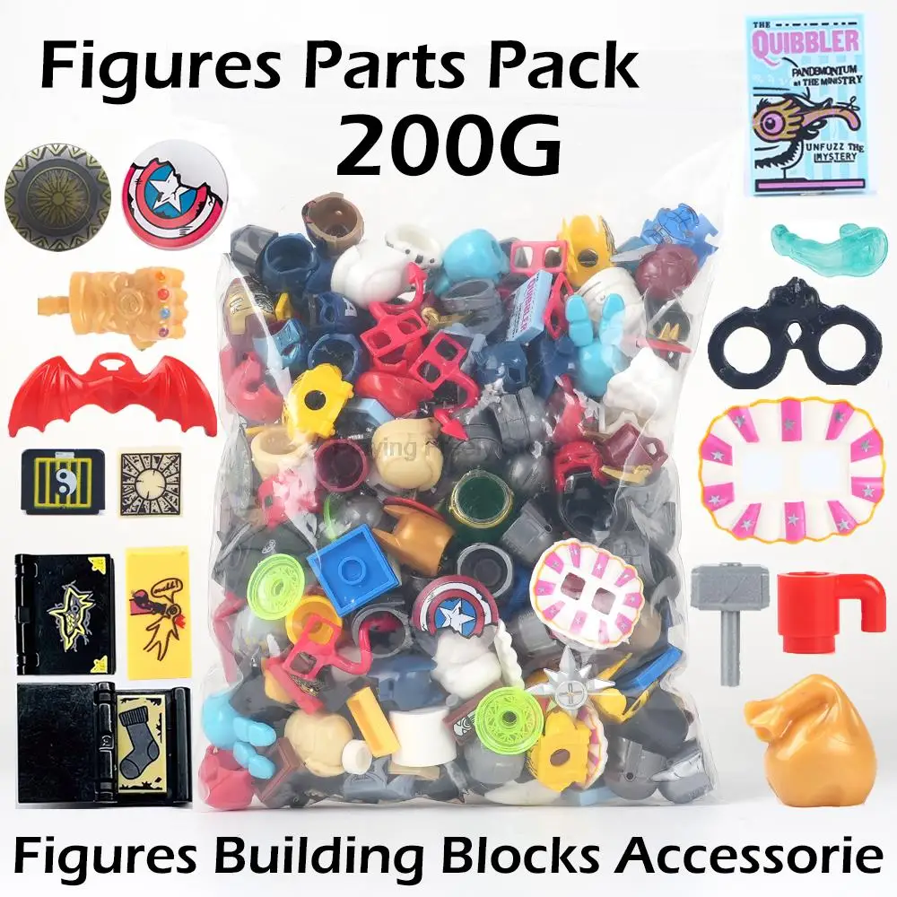 100g 200g MOC Figure Body Part Anime Random Shield Helmet Hat Tail Weapon Accessories Building Block Children Toys Creative Gift