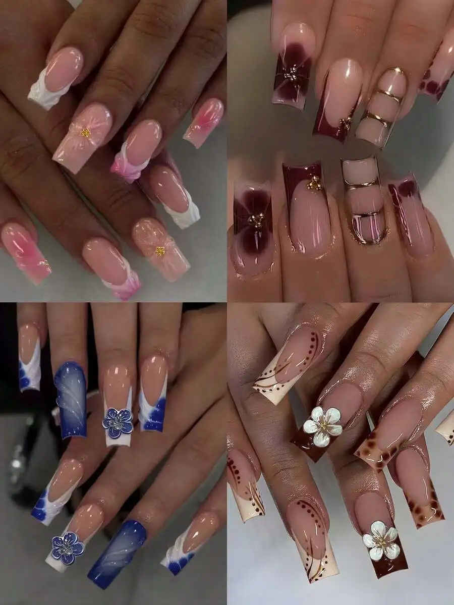 

24Pcs Acrylic Rectangular Press-On Nails With Gold Cross Motif, Jelly Gel & File Included For Stylish Everyday And Party Use