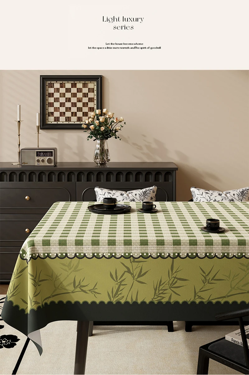 Green Retro Plaid Waterproof Tablecloth High-Quality Pvc Oil-Proof Table Mat for Living Room No-Wash Dining Aesthetic Room Decor