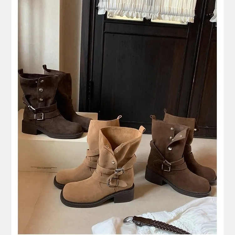 

Short boots for women in autumn 2025 Maillard thick heel thick soled buckle strap cow suede high-heeled women's shoes