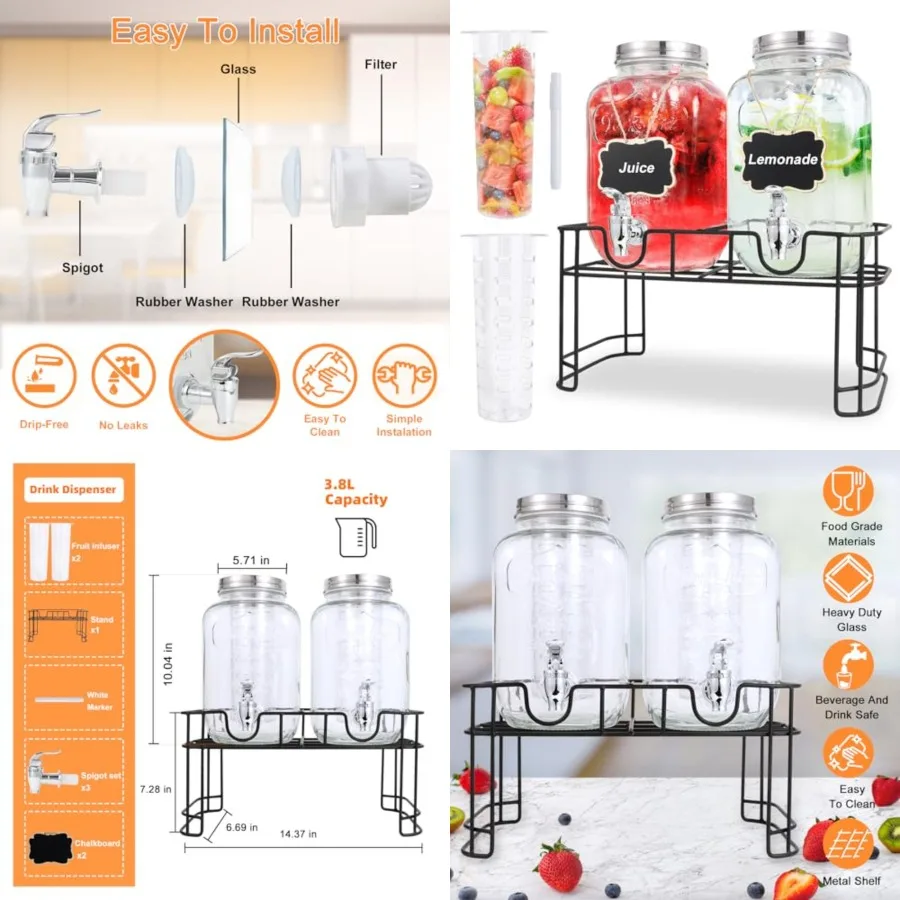

Glass Drink Dispensers For Parties-Set of, Drink Dispenser with Fruit Infuser Stand, Juice or Beverage Dispenser for BBQ, Picni