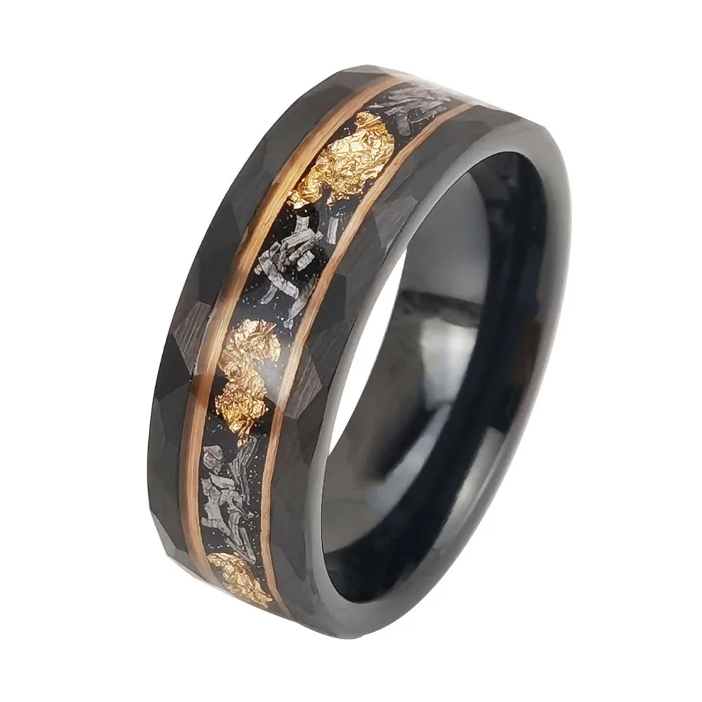 8mm Width Hammered Black Tungsten Wedding Rings for Men Inlay Meteorite Chip Gold Foil Size 7-15 Free Custom Engraving