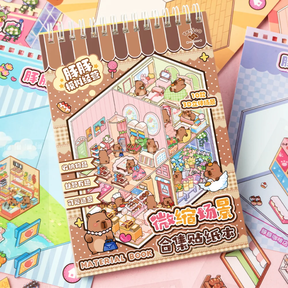 

New 3D Landscape Sticker Book PET DIY Miniature Scene Stickers 10 Scenes Cute Capybara Pocket Scene Kit Birthday Gifts
