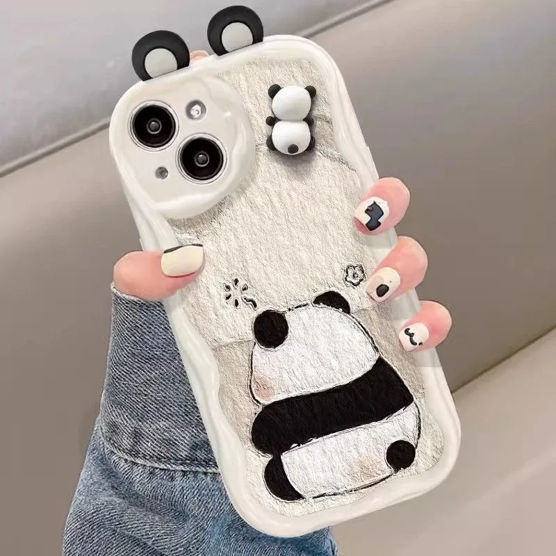 Korean Cute 3D Eyes Panda Phone Case For iPhone 15 14 13 12 11 Pro Max X XR XSMAX SE 8 7 Plus Wavy cream Silicone Cover L-Loopys