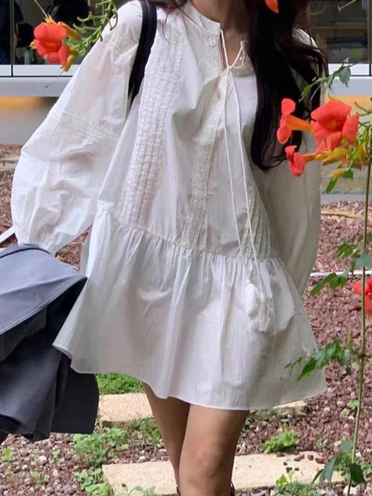

Early Spring White A-Line Dr Women's Korean Sle New Faionable Ruffle Design Loose Dr with Belt ort Skirt