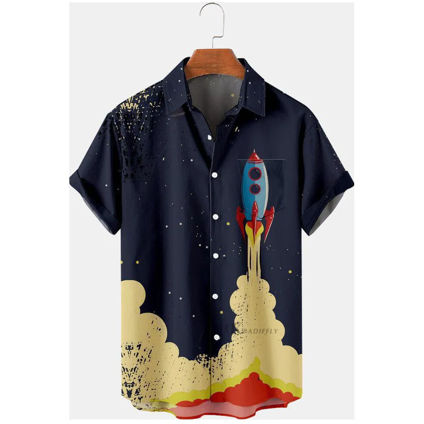 Summer Short Sleeved Shirt, Casual Button Up Collar Top, Loose Digital Printed Shirt, Trendy Vacation Men's Clothing