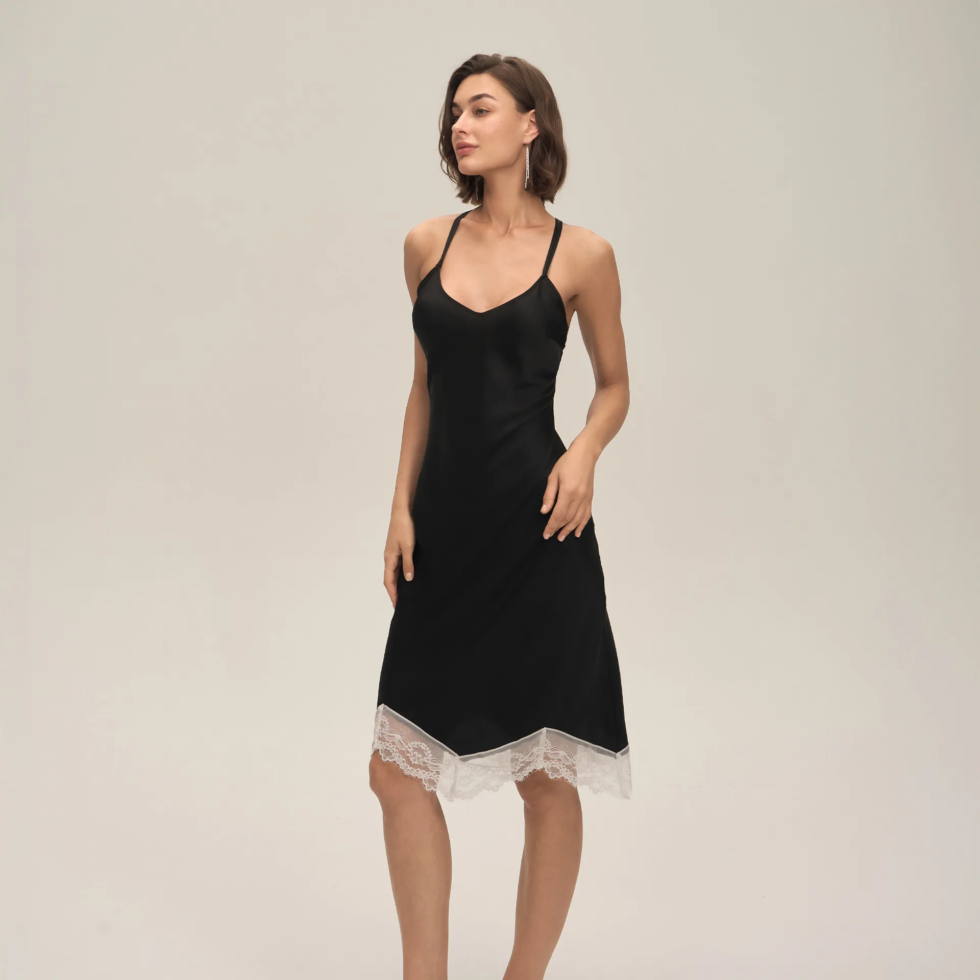 Elegant Pure - Color Satin Long Homewear Dress: Exquisite White Lace Patchwork, Sexy Open - Back Suspender Nightgown for Women